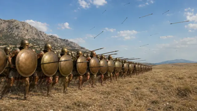 Reconstruction of a hoplite phalanx advancing across the Marathon plain behind a continuous wall of bronze shields, arrows falling among them.
