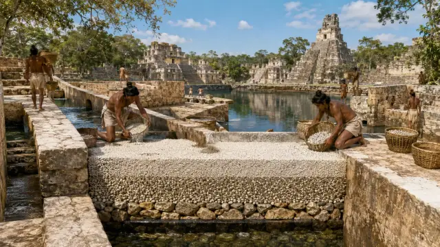 Reconstruction of a Maya city's stone-lined reservoir, workers tending the filtration channels with stepped pyramids rising from the forest behind.