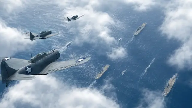 Reconstruction of U.S. Dauntless dive bombers passing through broken cloud high above Japanese carriers and their curving escort wakes in the moments before the decisive attack at Midway, June 1942.