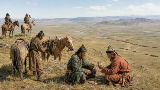 Reconstruction of Mongol riders halted on open steppe with remounts, a longer column moving along the grassland behind them.