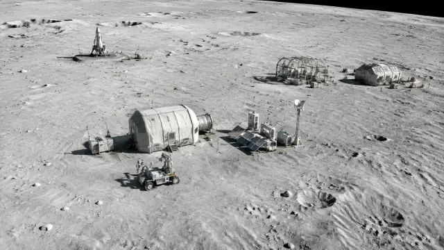 Speculative scenario: a phased lunar outpost of linked habitat modules and rovers on grey regolith under a black sky.