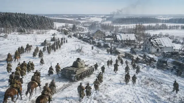 Reconstruction of the Soviet counter-offensive before Moscow: infantry and tanks advancing across snow past a shattered village.