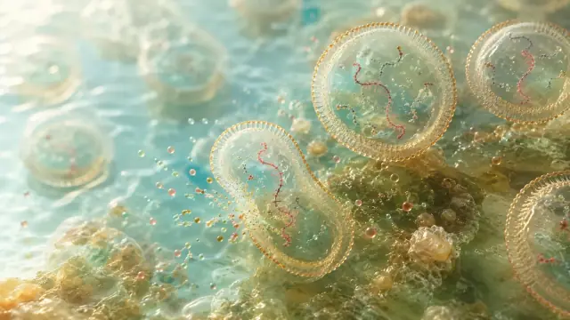 Scientific illustration of fatty-acid vesicles in early ocean water: translucent golden spheres enclosing fluid, some budding and dividing.
