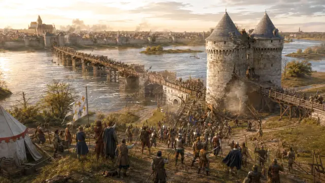 Reconstruction of the fall of the Tourelles, the fortified bridgehead on the Loire under assault with the broken bridge spans behind it.