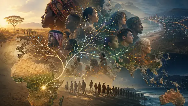Illustrative montage of human shared ancestry: a glowing branching tree rises from the African continent past silhouetted migrating figures toward the faces of modern people from many world regions.