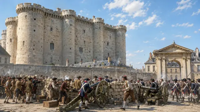 Reconstruction of the assault on the Bastille, crowd and cannon before the fortress towers with smoke drifting across the outer court.