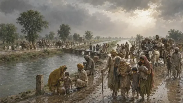Reconstruction of Partition displacement: long columns of families with carts and bundles moving in both directions along a raised road beside water.