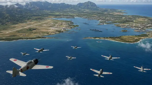 Reconstruction of the Japanese first-wave aircraft formation approaching Oahu on the morning of 7 December 1941, with Pearl Harbor and the moored fleet visible on the coastline below.