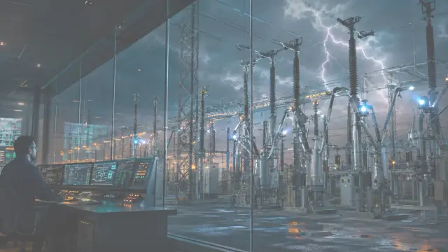 Speculative scenario of a grid fault: a switchyard of transmission structures under arcing discharge, seen from a control room's darkened window.