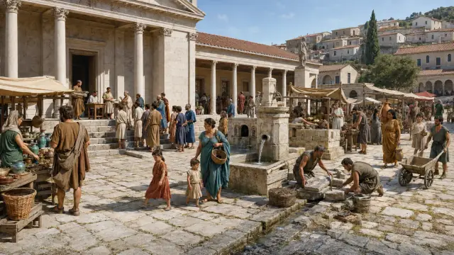Reconstruction of a Roman street of colonnades and shopfronts at midday, togate figures and porters moving between a fountain and a portico.