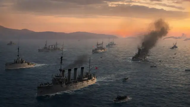 Reconstruction of the Tsushima action at sunset, warships burning and under way with smoke drifting across a reddened sea.