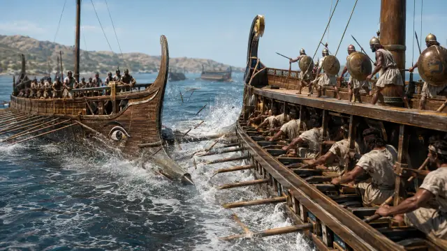 Reconstruction of a trireme under oars in close action, its ram driving forward as marines crowd the deck and a second ship closes alongside.