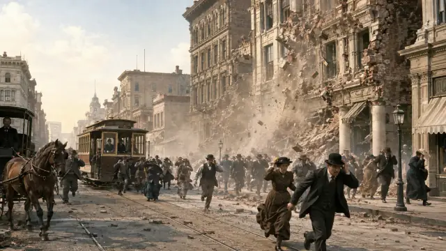 Reconstruction of a San Francisco street during the 1906 main shock: dust rising from collapsing facades as people run past a stalled cable car.