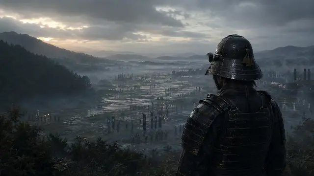 Reconstruction of an armored samurai seen from behind at dawn, overlooking the fog-filled Sekigahara valley where distant banner lines mark the assembled armies.