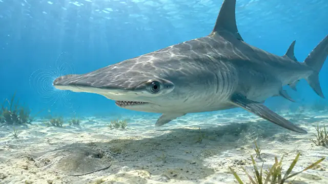 Scientific illustration of a hammerhead shark in open blue water, its head sweeping across the sensory field the illustration traces.