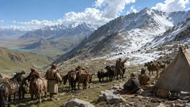 Reconstruction of a loaded caravan of pack animals and traders working through a snow-fringed Tian Shan pass, a second file strung out along the valley below.