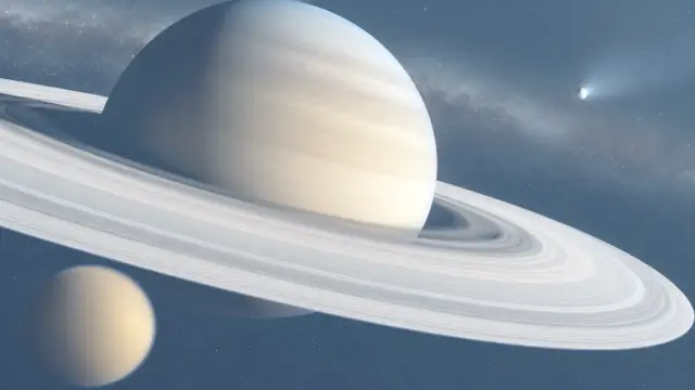 Scientific illustration of Saturn and its ring system against black space, a moon crossing in the foreground.