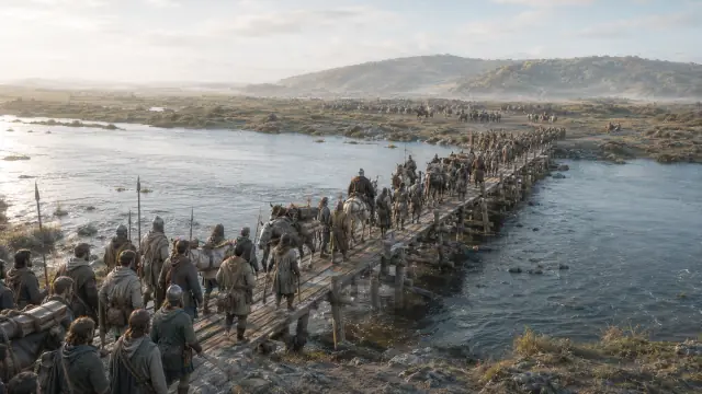 Reconstruction of a narrow timber bridge over the Forth, a column of troops part-way across with more waiting on the far bank.
