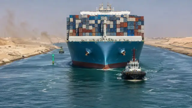 Reconstruction of a large container ship transiting the Suez Canal head-on between desert banks, a tug working alongside.