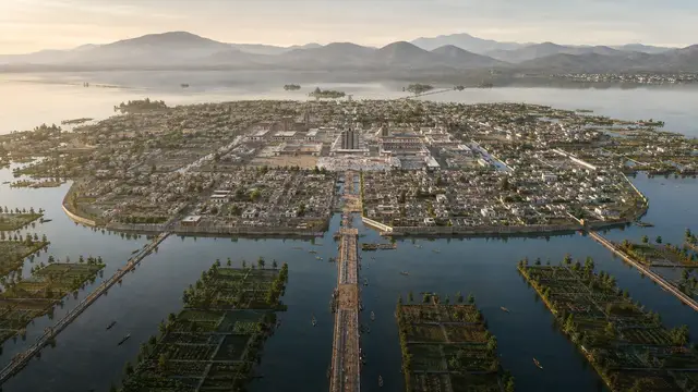 Aerial reconstruction of Tenochtitlan as an island metropolis on Lake Texcoco, with a stone causeway and chinampa gardens in the foreground and mountains ringing the lake beyond.