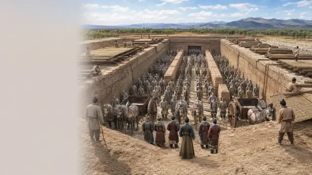 Reconstruction of the terracotta army in its excavation pit, ranks of figures standing in earthen corridors while archaeologists work along the walkways.
