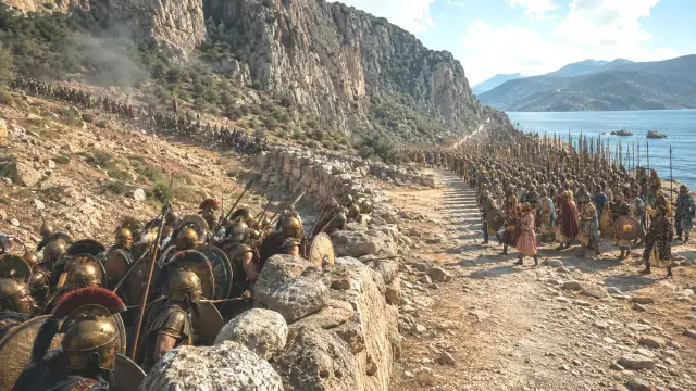 Reconstruction of the Thermopylae pass: a narrow shore road packed with Greek troops between a cliff face and the sea, with more forming behind.