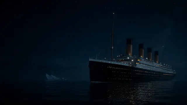 Reconstruction of the RMS Titanic steaming across a calm sea at night, its portholes lit, with an iceberg faintly visible on the horizon ahead.