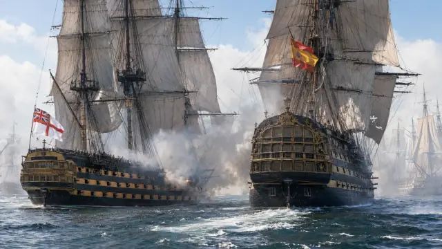 Reconstruction of two ships of the line locked close alongside under full sail, gunsmoke rolling between their hulls.