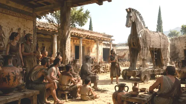 Reconstruction of the wooden horse standing in a courtyard of the city, townspeople gathered around its legs with jars and carts.