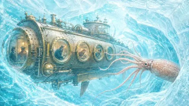 Scene from Verne's novel: the Nautilus in blue water with a giant squid's arms across her hull and ice walls rising behind.