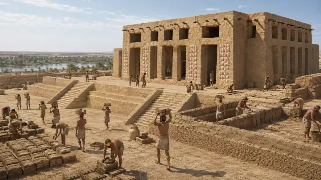 Reconstruction of a mudbrick temple platform at Uruk under construction, ramps and labour gangs moving brick beside the finished terrace wall.
