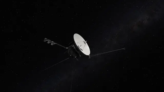 Reconstruction of a lone Voyager spacecraft, white high-gain dish antenna forward, drifting against a dark interstellar starfield with a faint band of the Milky Way.