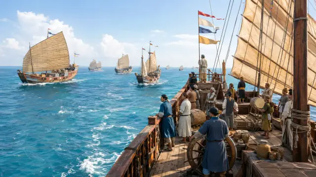 Reconstruction of Ming treasure-fleet junks under full batten sails on open water, crew working the deck of the nearest ship.