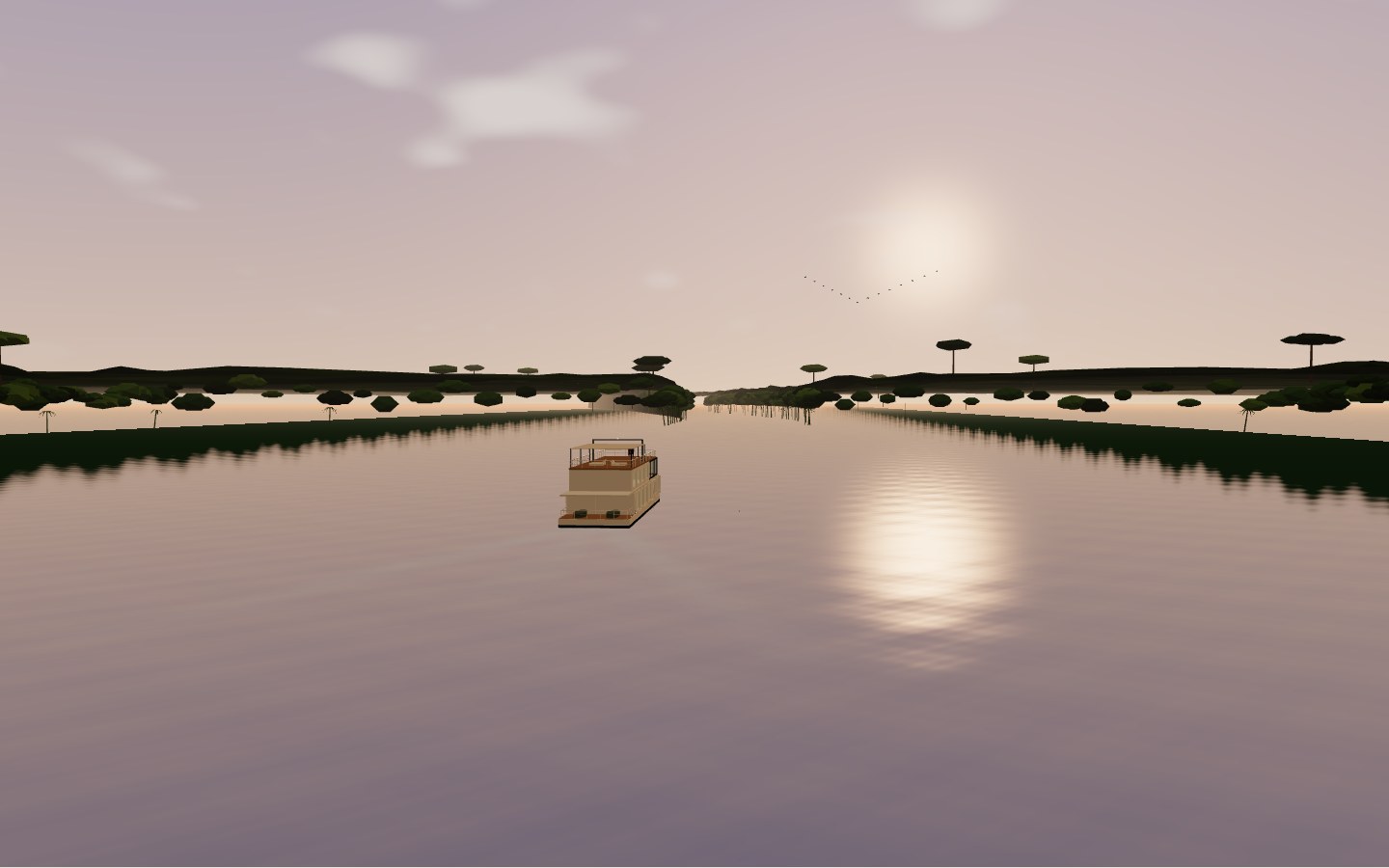 Interpretive model: a small river boat on still, remote water deep in the Amazon in the golden hour, the forest standing on both banks and upside down in the water