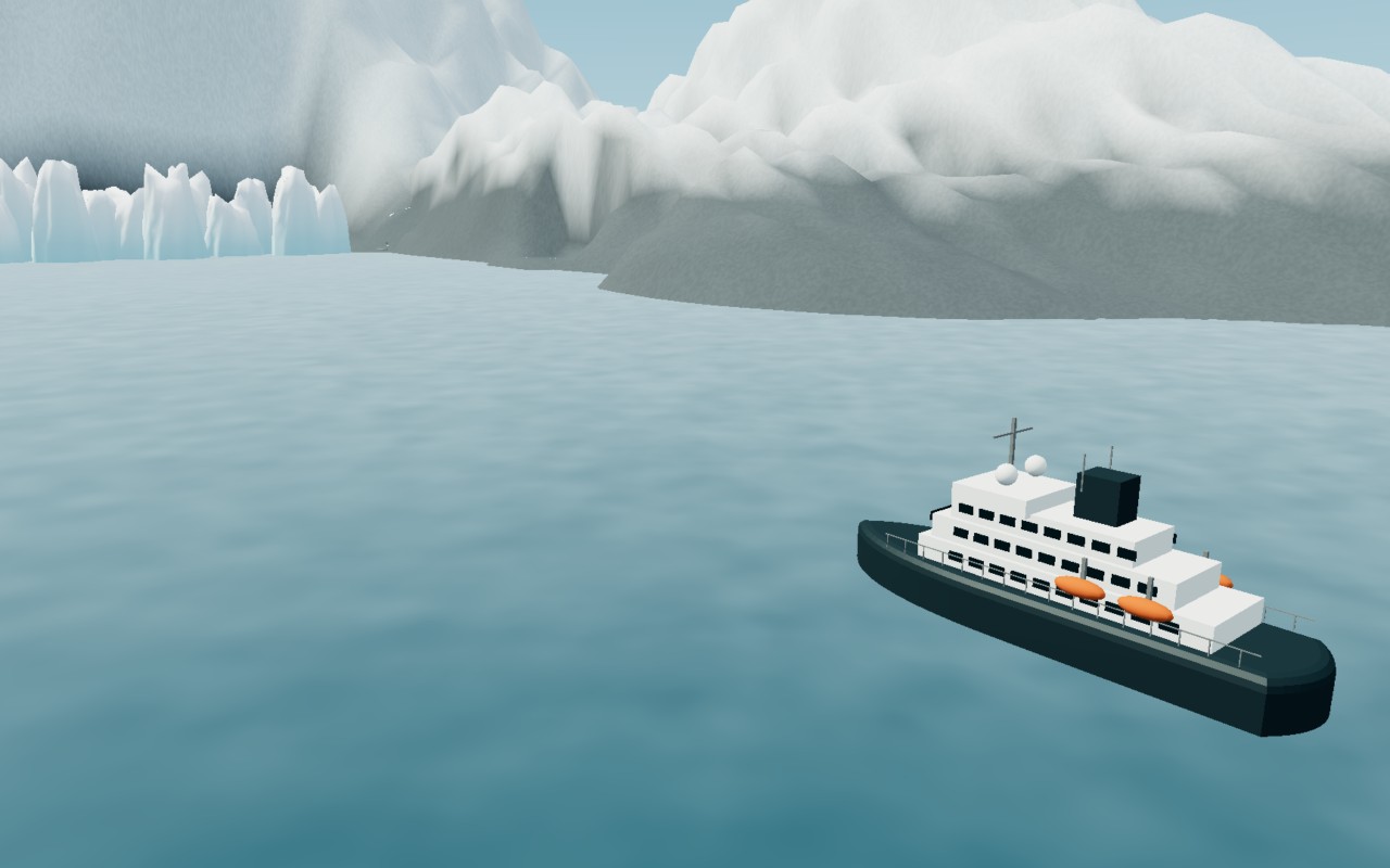 Interpretive Neko Harbour model: the expedition ship in profile before a tidewater glacier front and snow-covered peaks