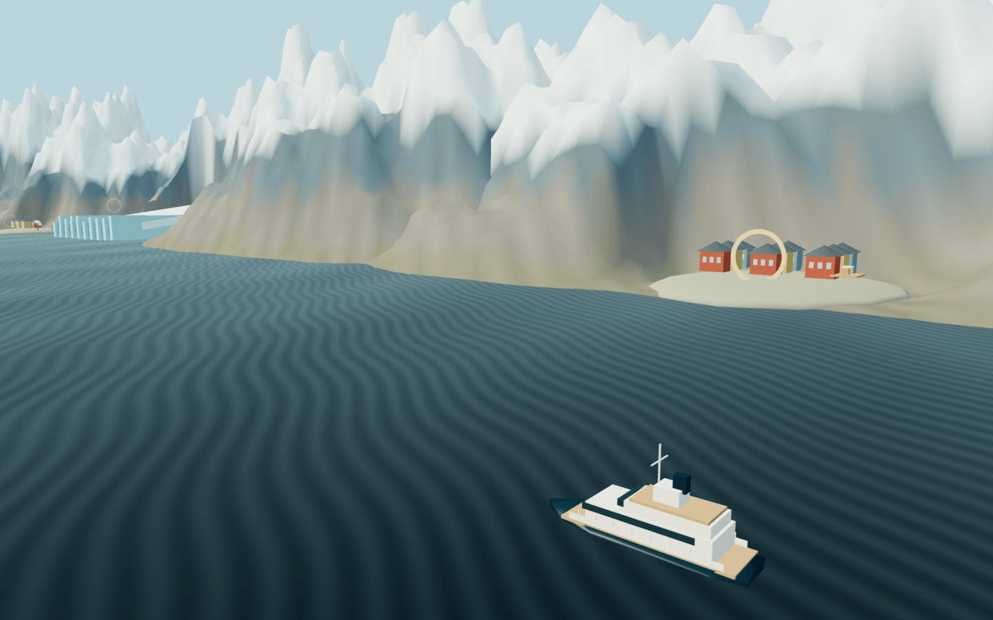 Interpretive Longyearbyen and Adventfjorden model: the expedition vessel beneath snow-capped peaks, with the coloured waterfront and a distant glacier front