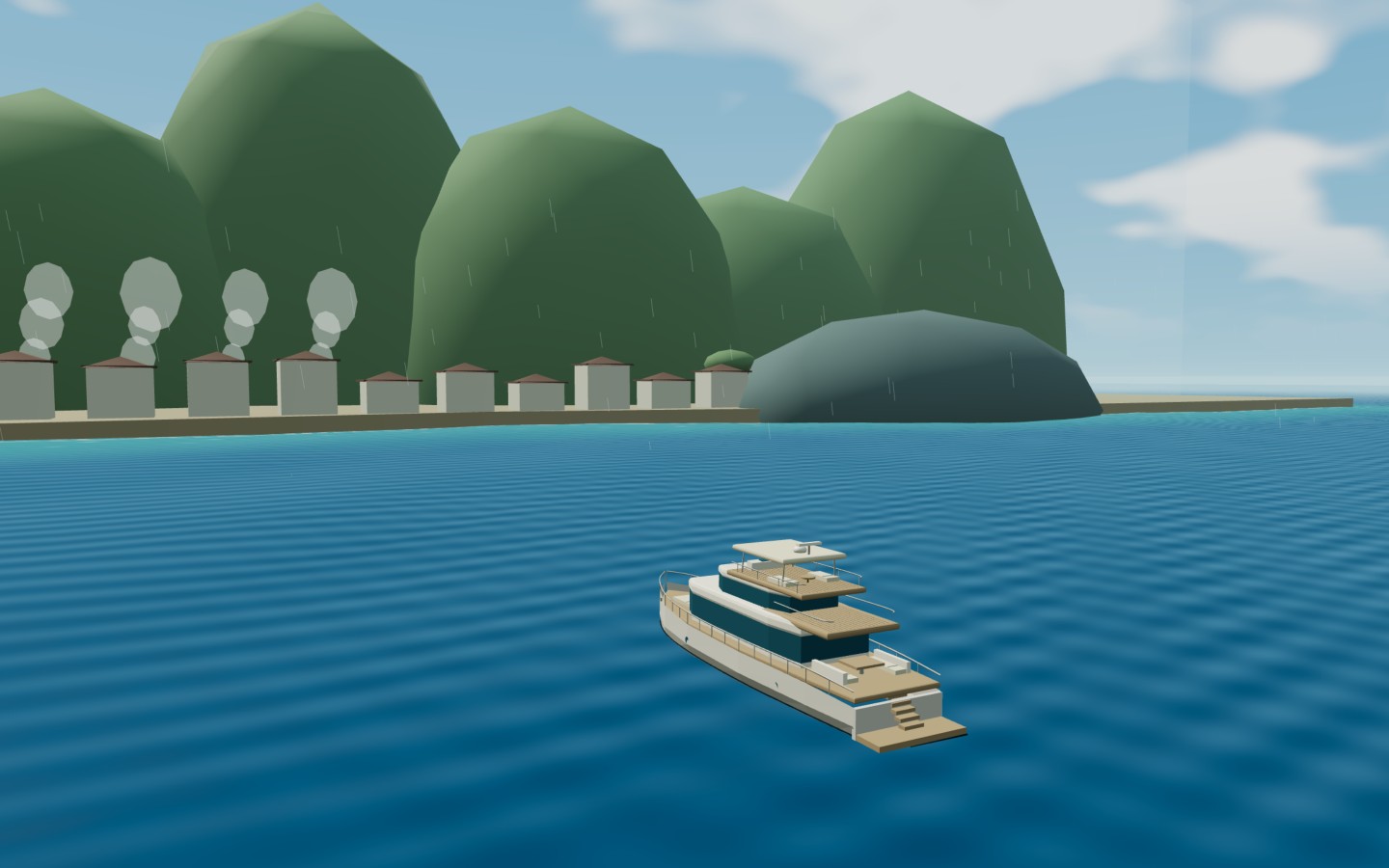 Interpretive Beppu bay model: hot-spring steam rising behind the town and green hills, with the private yacht in three-quarter profile