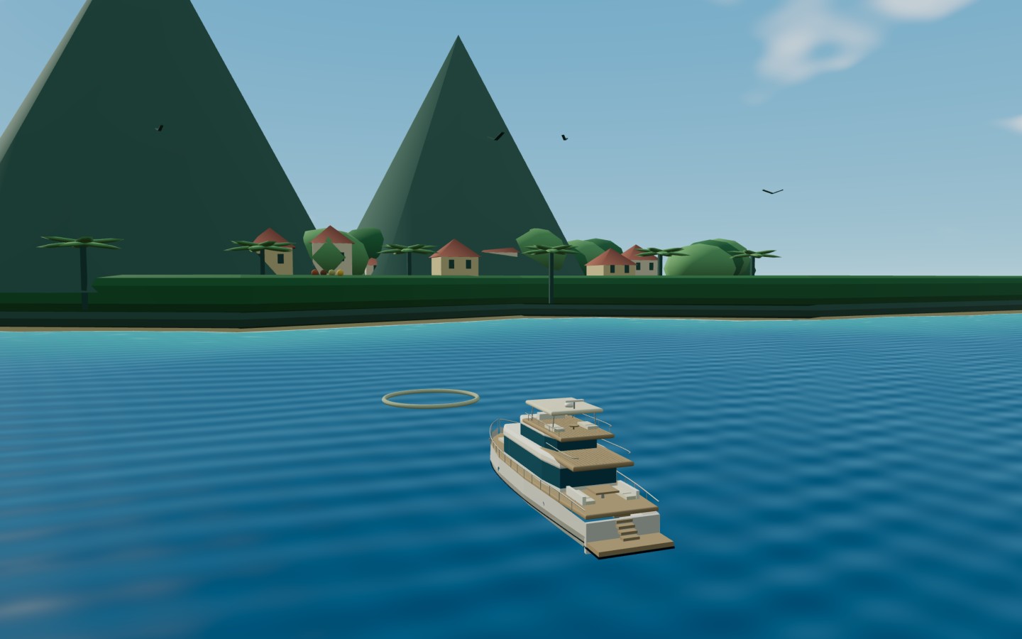 Interpretive Soufrière coast model: the twin Pitons above the village and palms, with the private yacht in three-quarter profile