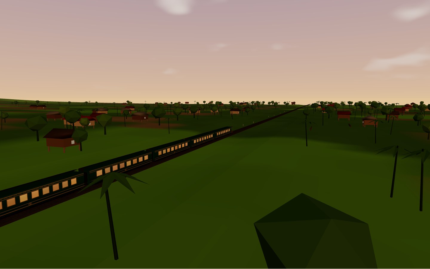 Interpretive model: the green and gold carriages of the Eastern & Oriental Express, their windows lit, running past villages of raised houses and palms in the low light of the golden hour