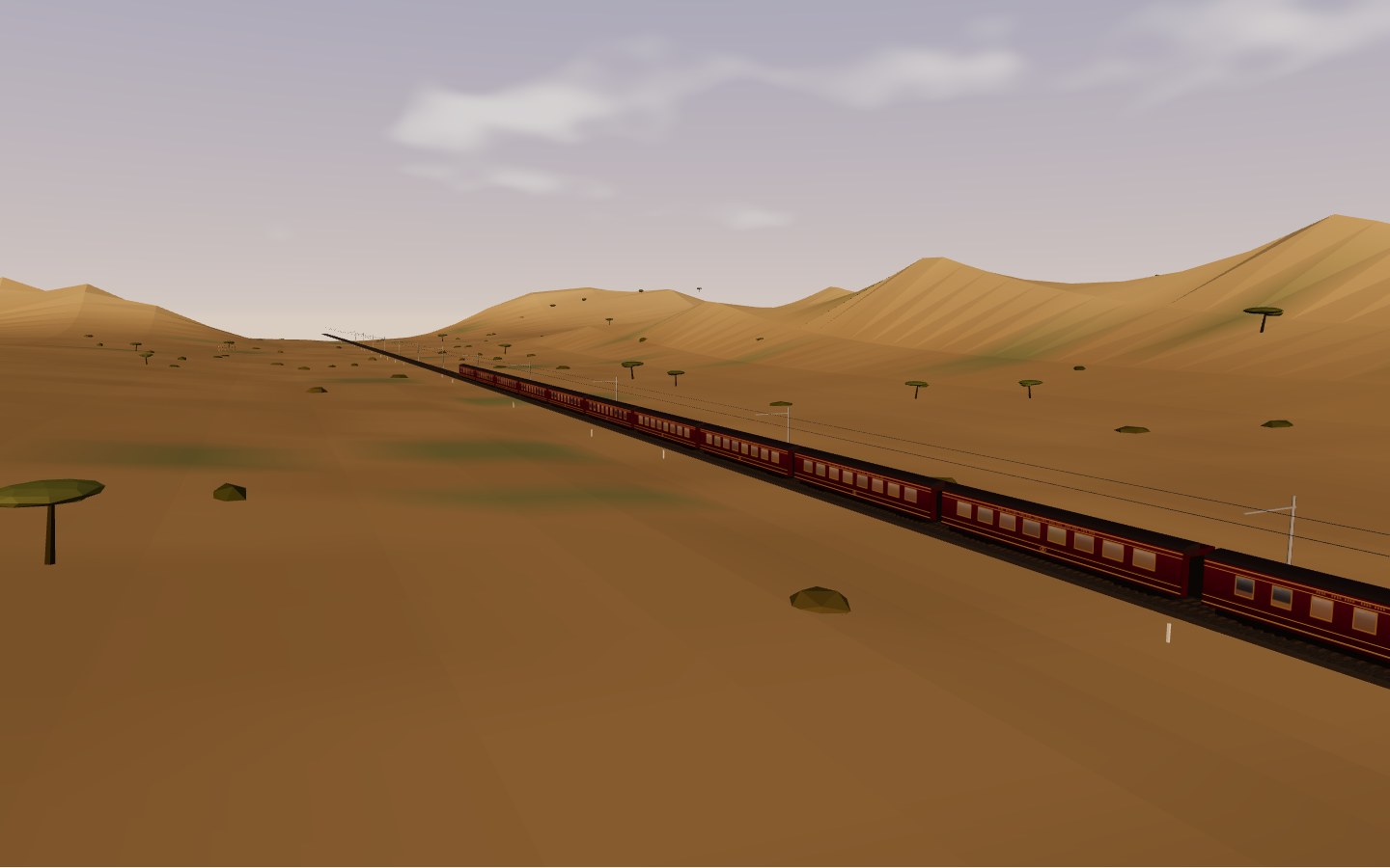 Interpretive model: the deep red and gold carriages of the Maharajas’ Express crossing the desert in the golden hour