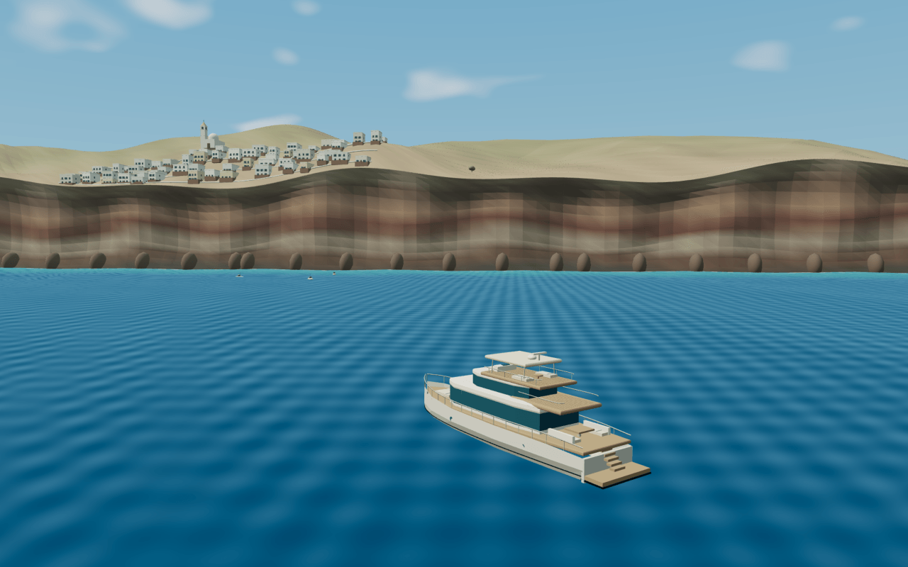 Interpretive Santorini caldera model: Fira's white settlement on the layered cliff rim above the caldera water, with the private yacht in three-quarter profile