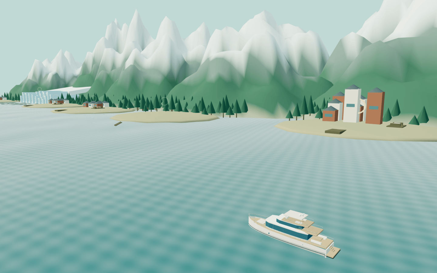 Interpretive Vancouver waterfront model: the yacht below a forested shore, symbolic city buildings and snow-capped mountains