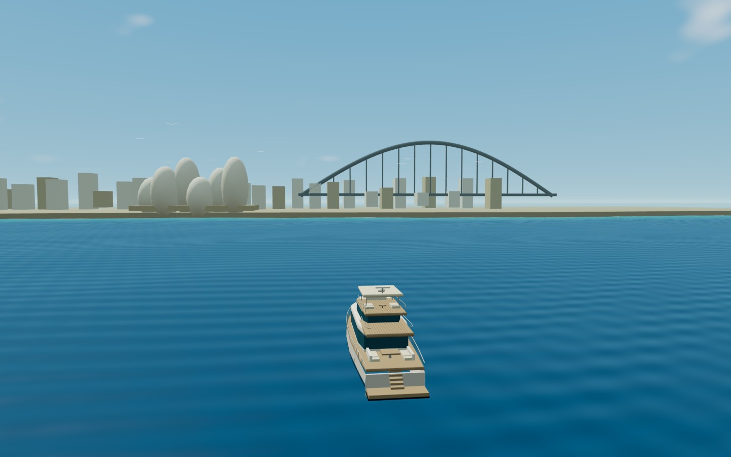 Interpretive Sydney Harbour model: simplified Opera House shells and Harbour Bridge beyond the private yacht