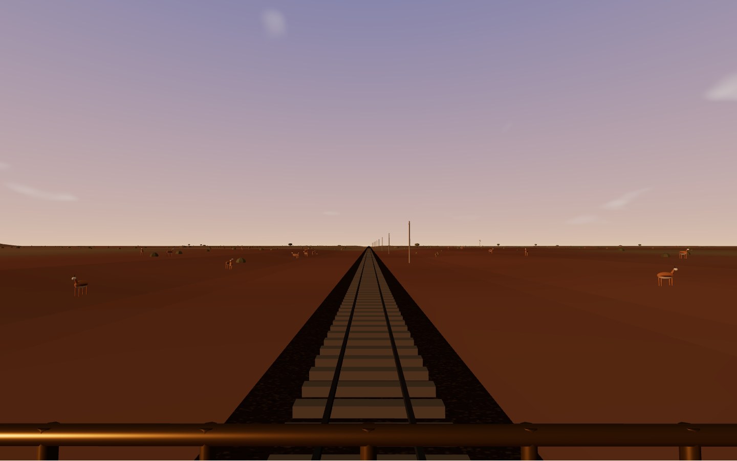 Interpretive model: from the open balcony at the back of the Rovos Rail train, the line running away across the Karoo in the golden hour, springbok on the plain either side