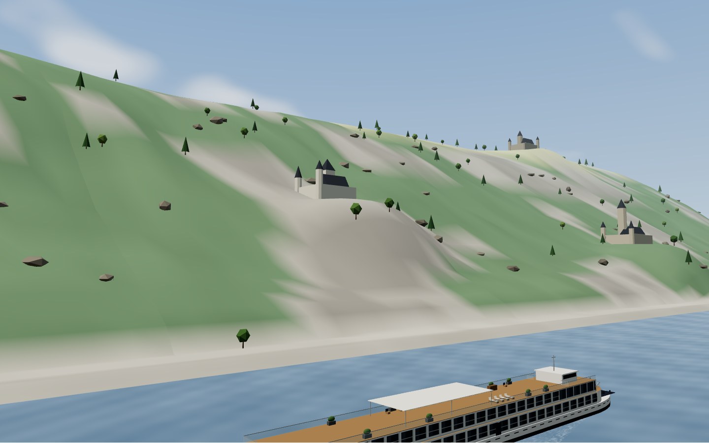 Interpretive model: a river vessel in the Rhine gorge, a castle on its spur above the water
