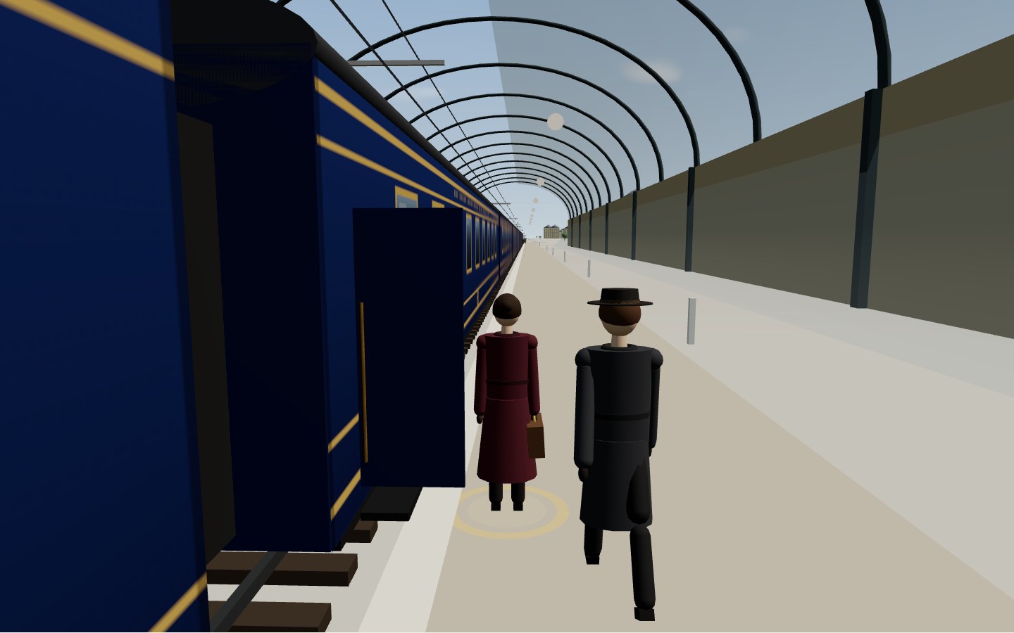 Interpretive model: a travelling couple on the platform beside the blue and gold carriages of the Venice Simplon-Orient-Express, at the open door of their carriage