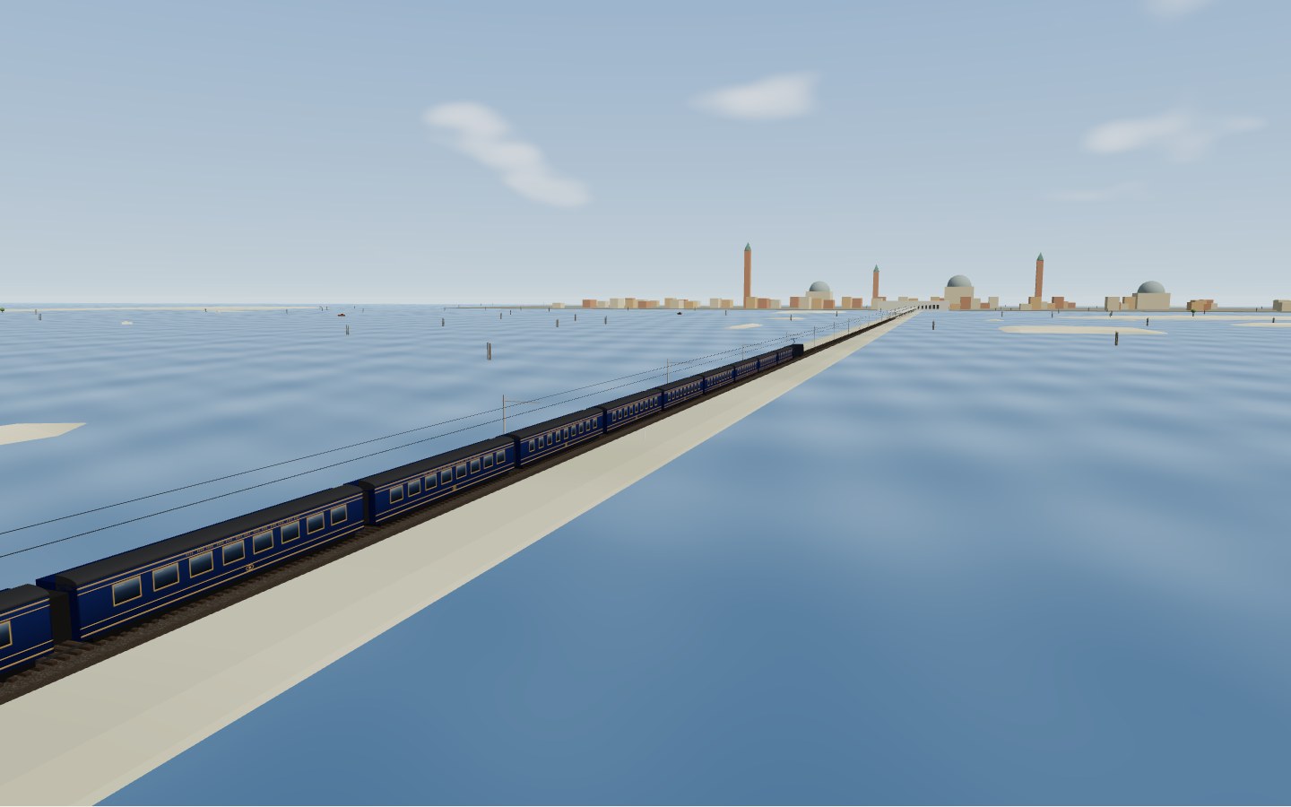 Interpretive model: the blue and gold carriages of the Venice Simplon-Orient-Express crossing the lagoon on its causeway, the towers and domes of Venice low on the horizon ahead